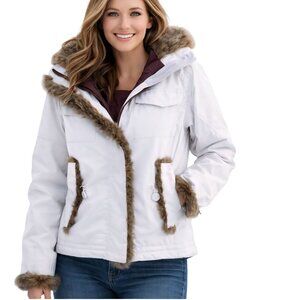 Solstice Ivory Faux Fur Trimmed Removable Hood Full Zip Down Jacket Size S
